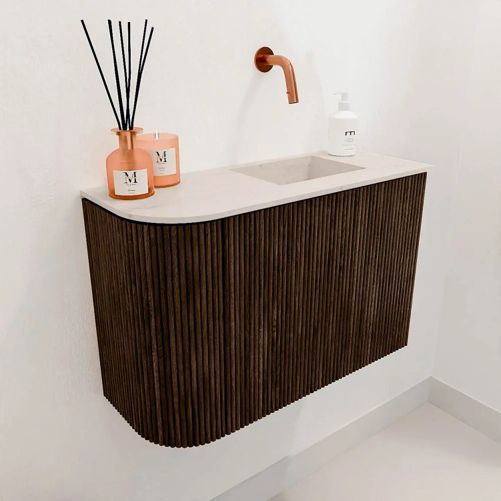 Mondiaz Joya DLux 60cm toiletmeubel ronding links walnut met wastafel faye rechts zonder kraangat meli