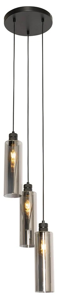 Moderne hanglamp zwart met smoke glas 3-lichts - Stavelot