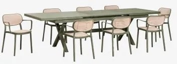 Uitschuifbare Rechthoekige Tafelset 240-300x100 Cm Karena En 8 Stapelbare Tuinstoelen Met Armleuningen Omara Groen – Intens Olijf - Sklum