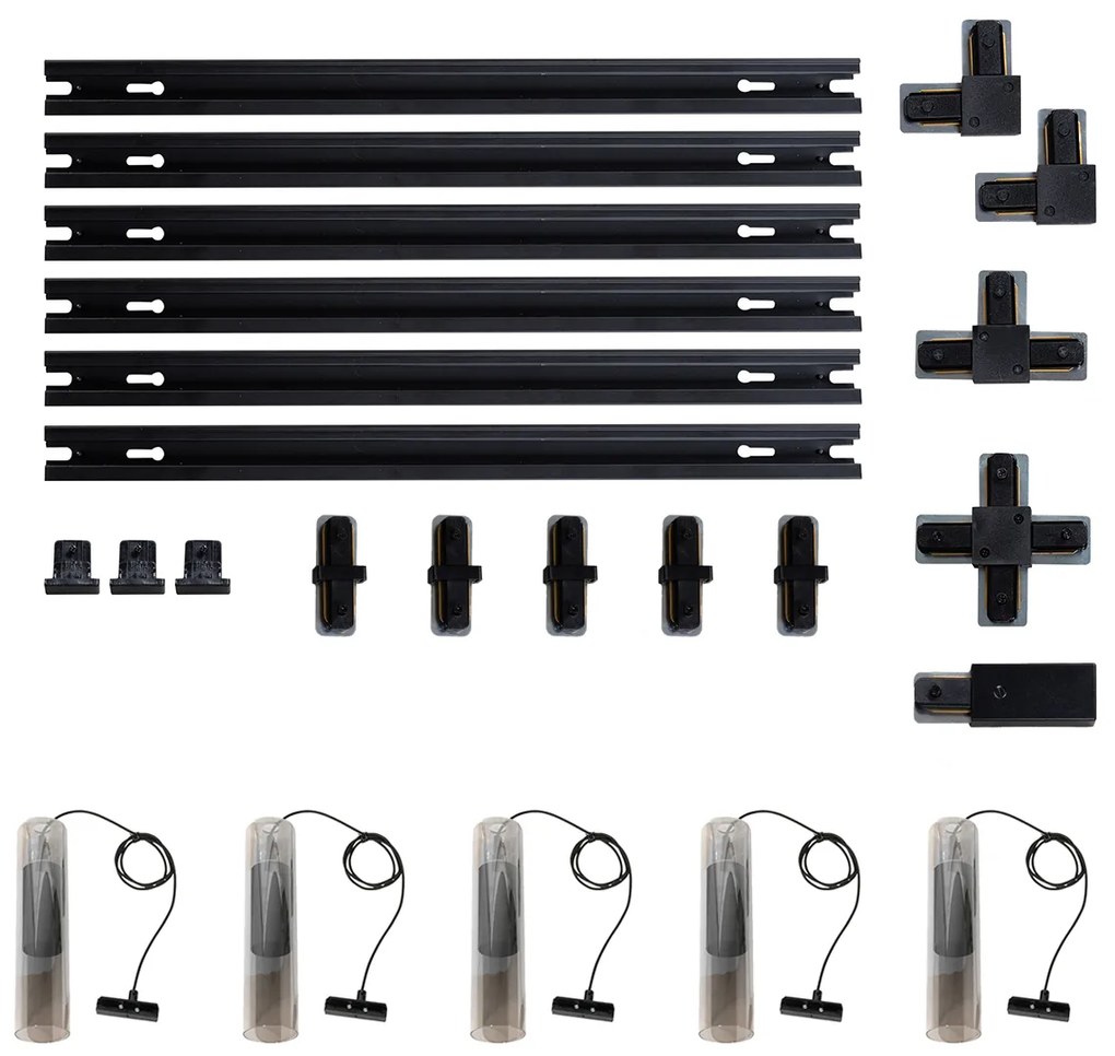 Modern railsysteem met 5 hanglampen zwart 1-fase - Iconic Lloyd