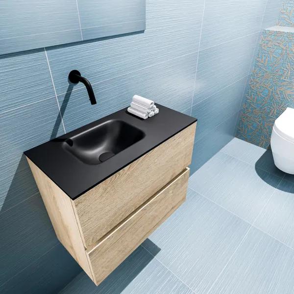 MONDIAZ ADA Toiletmeubel 60x30x50cm met 0 kraangaten 2 lades washed oak mat Wastafel Lex links Solid Surface Zwart FK75342326