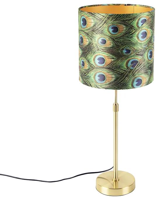 Stoffen Tafellamp goud/messing met velours kap pauw 25 cm - Parte Klassiek / Antiek E27 cilinder / rond rond Binnenverlichting Lamp