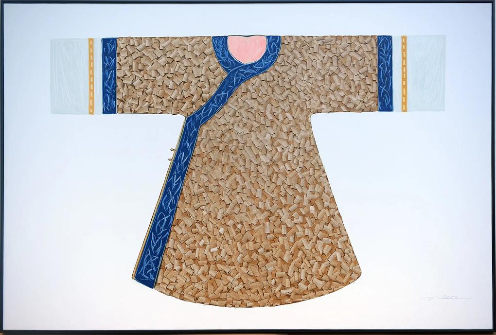 Fine Asianliving Olieverf Schilderij 100% 3D met Reliëf en Zwarte Omlijsting 150x100cm Kimono Blauw Wit | BIANO