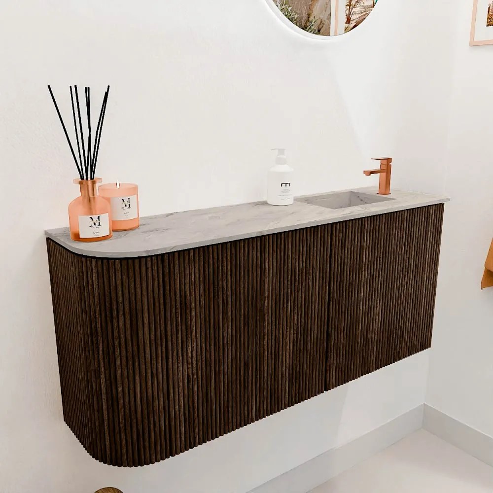 Mondiaz Joya DLux 90cm toiletmeubel ronding links walnut met wastafel faye rechts 1 kraangat glace
