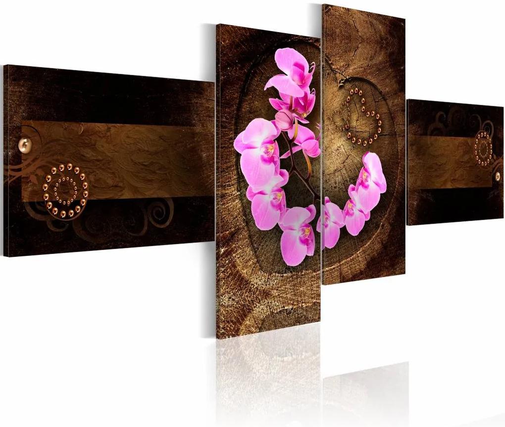 Schilderij - Orchidee op hout , bruin roze , 4 luik , hout look