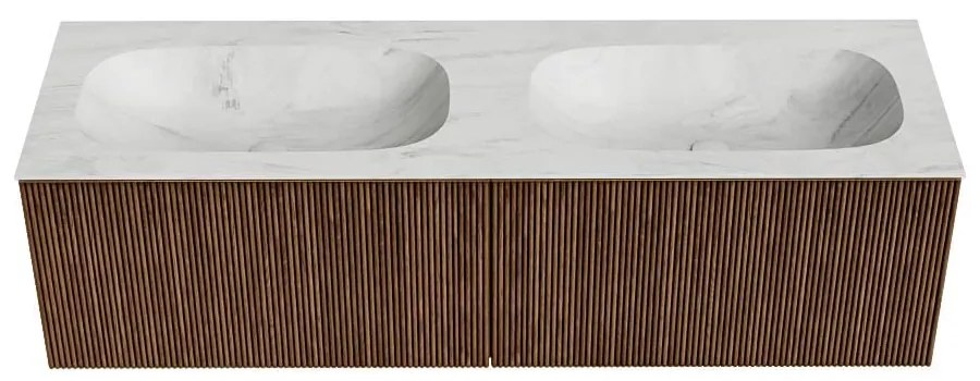 Mondiaz Kurve-dlux 150cm badmeubel walnut met 2 lades en wastafel stor small dubbel 2 kraangaten opalo