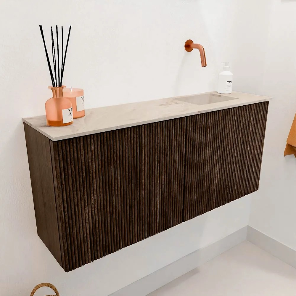 Mondiaz Joya DLux 90cm toiletmeubel walnut met wastafel faye rechts zonder kraangat frappe