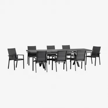 Rechthoekige Uitschuifbare Tafelset 240-300x100 Cm En 8 Stapelbare Tuinstoelen Met Armleuningen Van Aluminium Karena Grijs – Grafiet - Sklum