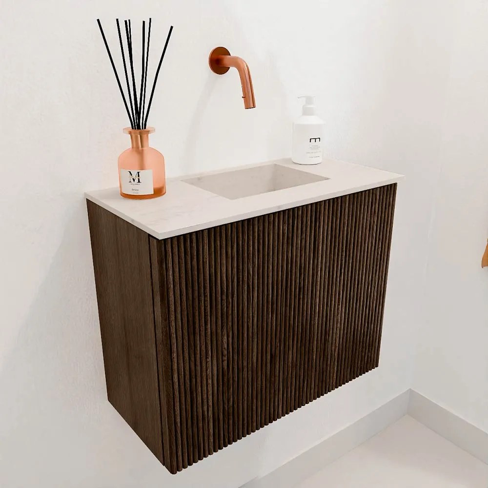 Mondiaz Joya DLux 50cm toiletmeubel walnut met wastafel faye rechts zonder kraangat meli