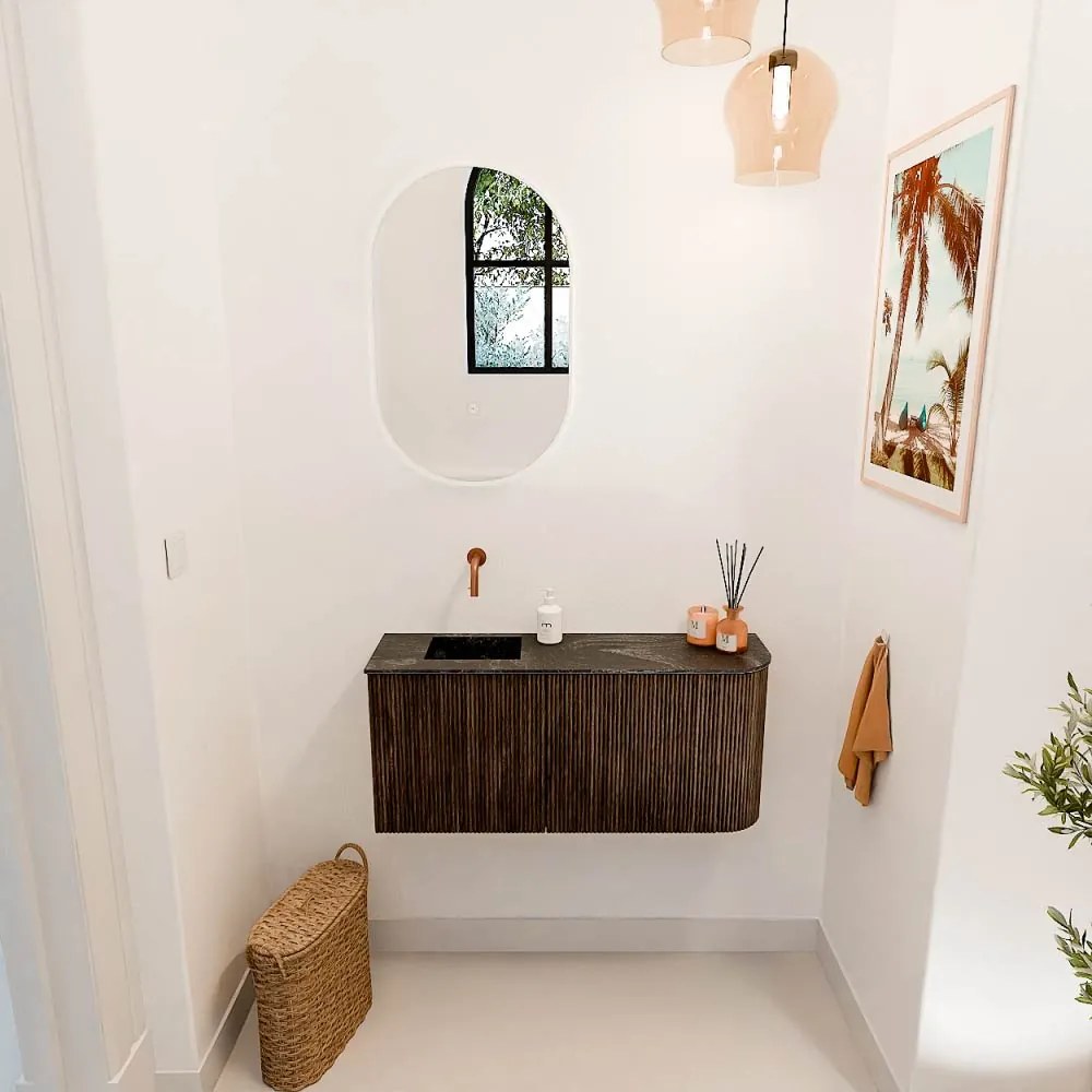 Mondiaz Joya DLux 90cm toiletmeubel ronding rechts walnut met wastafel faye links zonder kraangat lava