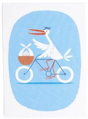 Kaart, ooievaar op fiets, blauw