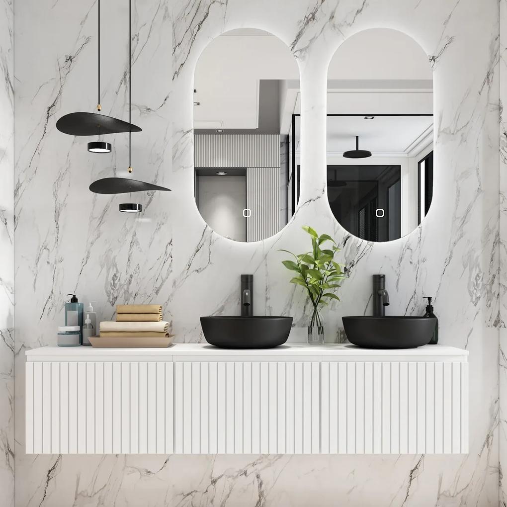 Fontana Stripe mat wit badmeubel ribbelfront 180cm met zwarte waskommen en ovale LED spiegels