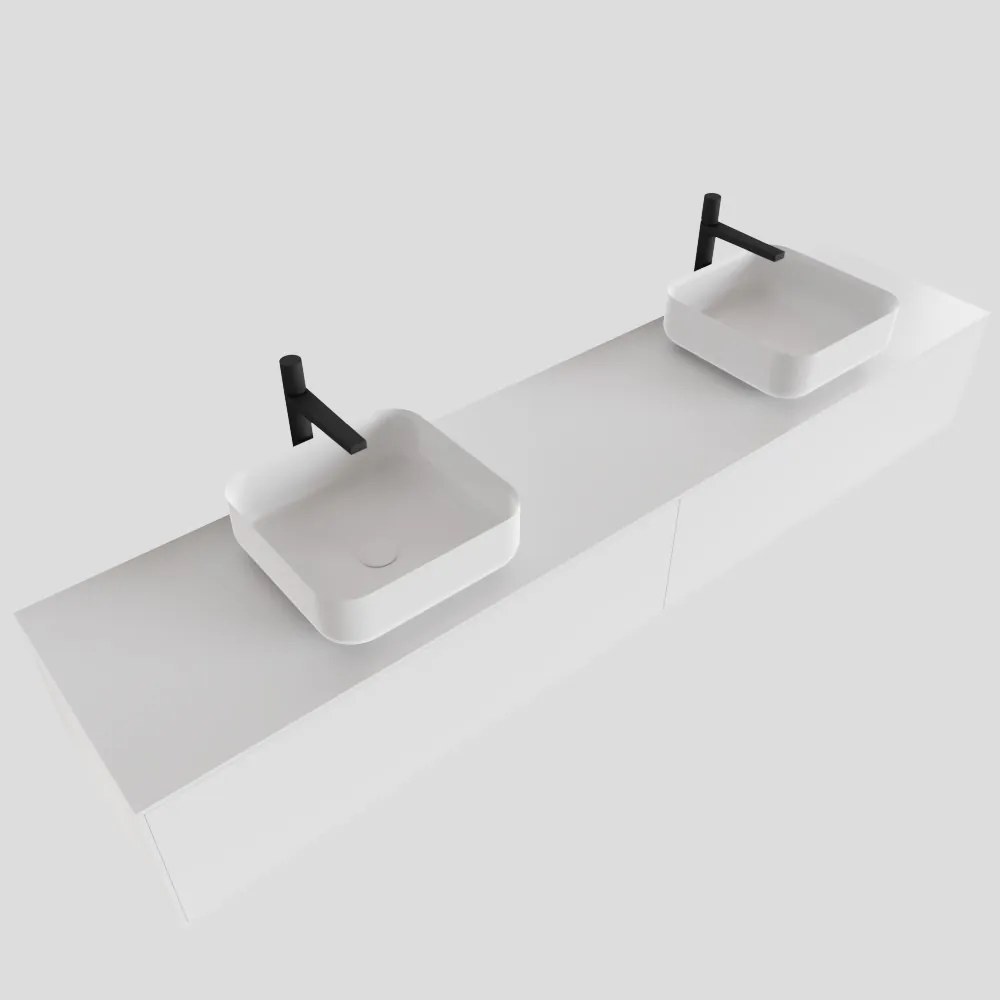 Zaro Lagom volledig naadloos solid surface onderkast met topblad 200cm mat wit met 2 lades Push tot open. Compleet met solid surface opzetkom met 2 kraangat(en)