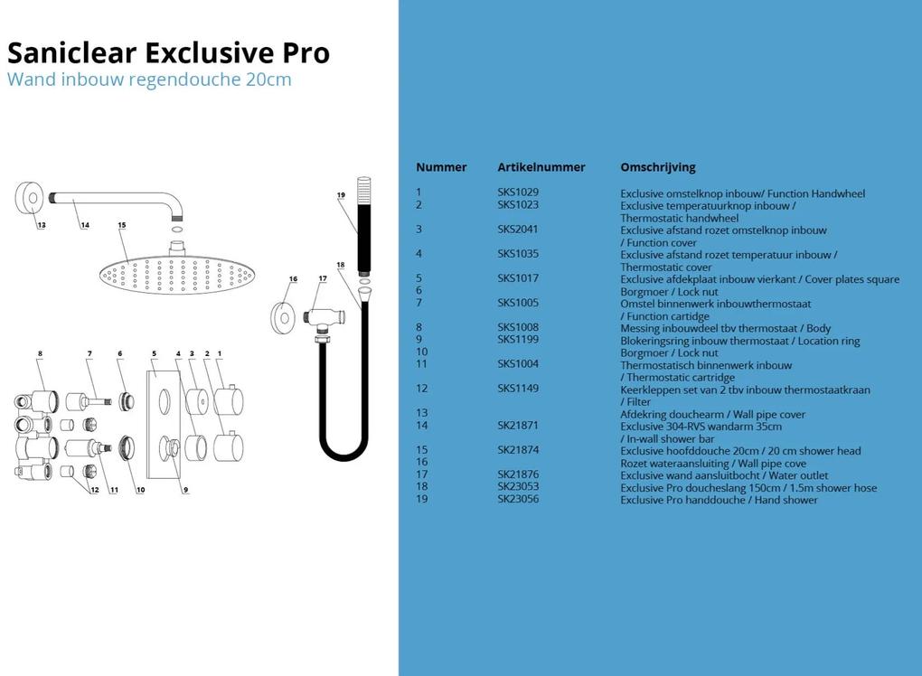 Saniclear Exclusive Pro volledig 304 RVS inbouw regendouche 20cm met staaf handdouche wandmontage