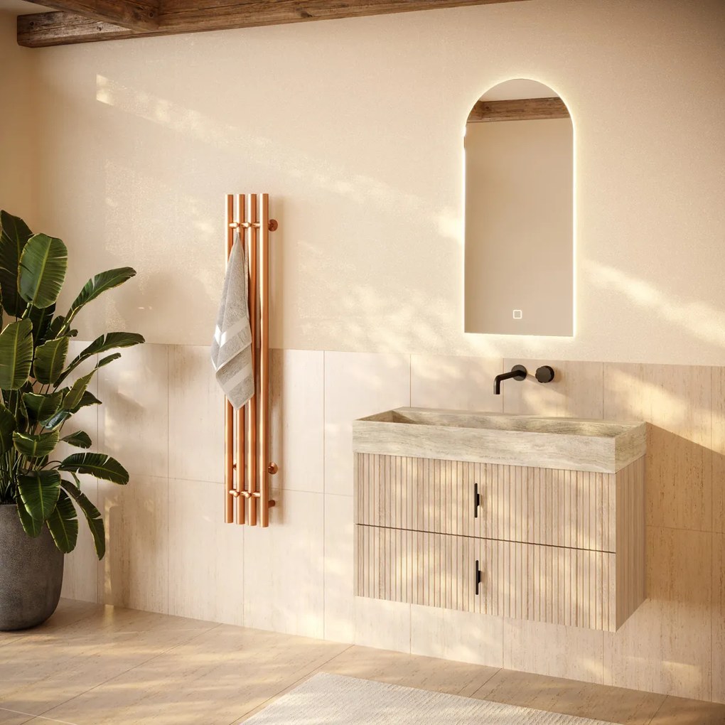 Muebles Murcia badmeubel ribbelfront 100cm naturel eiken met White Travertin wastafel zonder kraangat