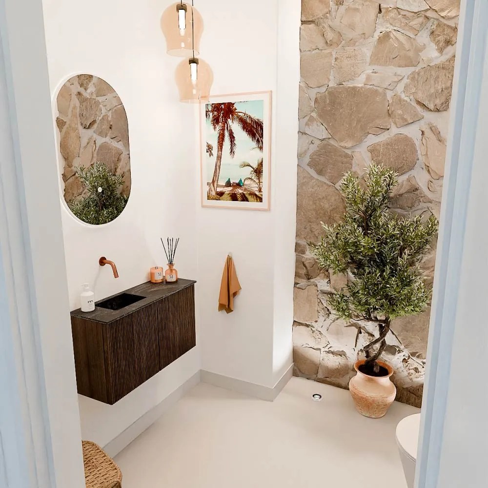Mondiaz Joya DLux 70cm toiletmeubel walnut met wastafel faye links zonder kraangat lava