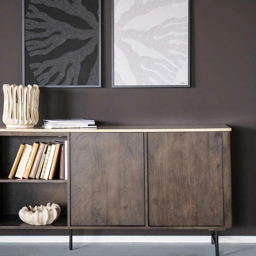 Dressoir Donker Hout Met Travertin Blad - 200x41x75cm.