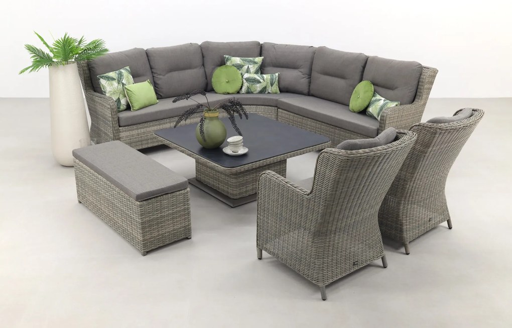 Sandigo lounge dining set met bijzetbank + 2x dining tuinstoel