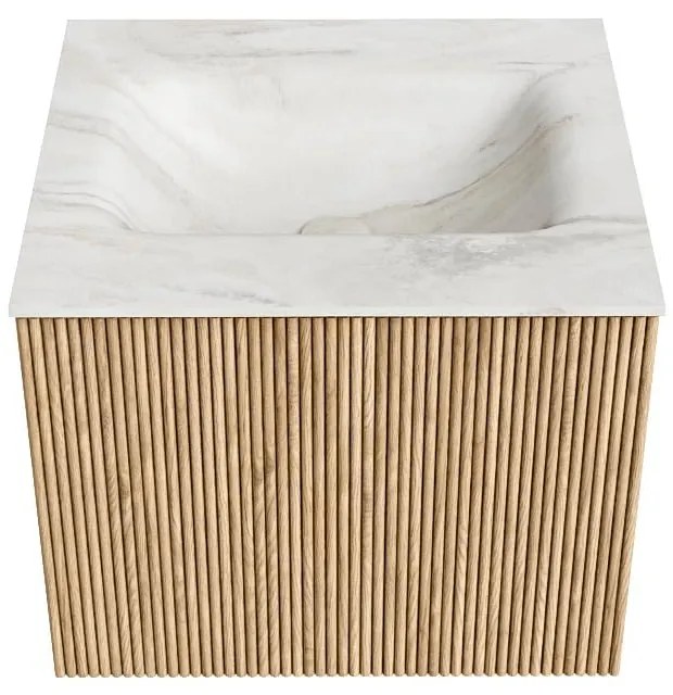 Mondiaz Kurve-dlux 50cm badmeubel oak met 1 lade en wastafel grunne midden 1 kraangat ostra