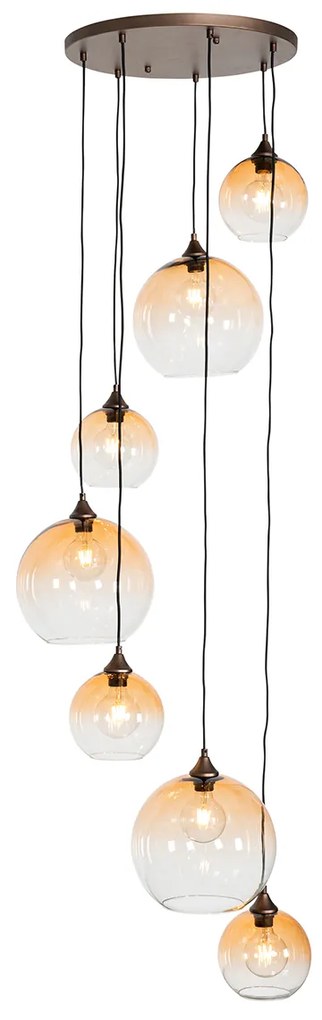 Art Deco hanglamp donkerbrons met amber glas 7-lichts - Sandra