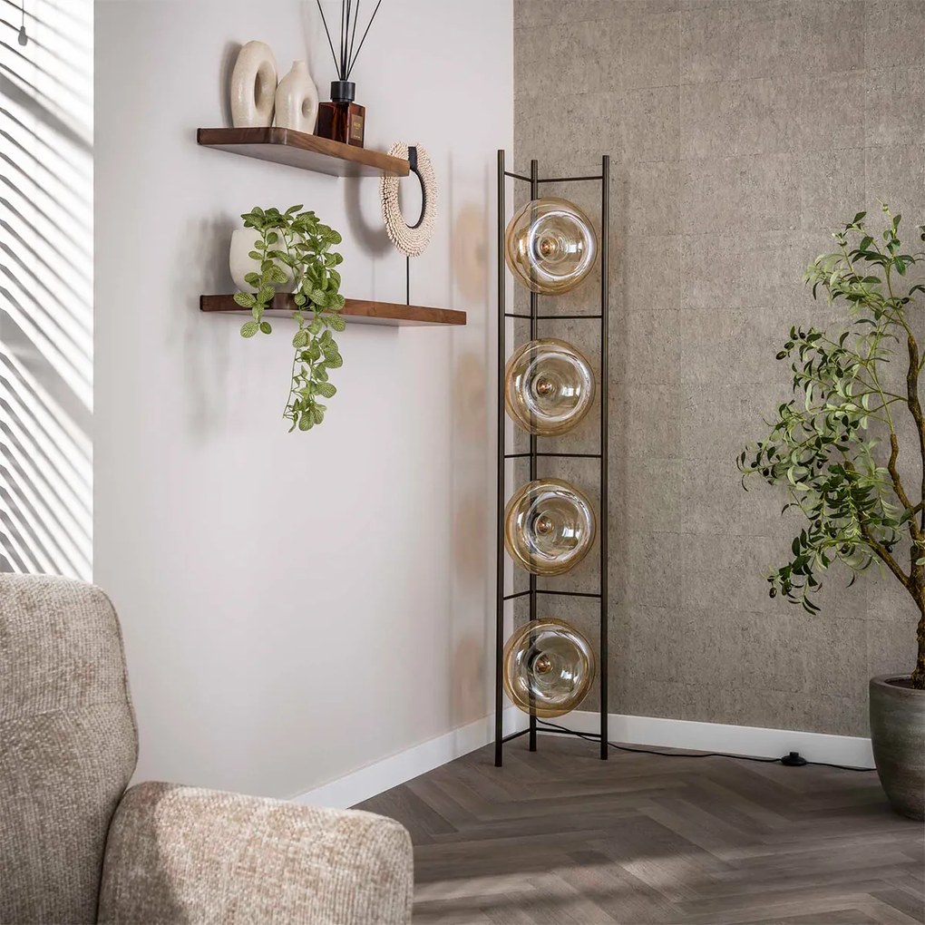 Bronze Vloerlamp Met Rond Beige Glas