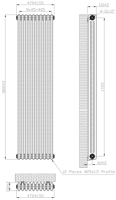 Eastbrook Imperia 3 koloms radiator 45x180cm 2623W metaal