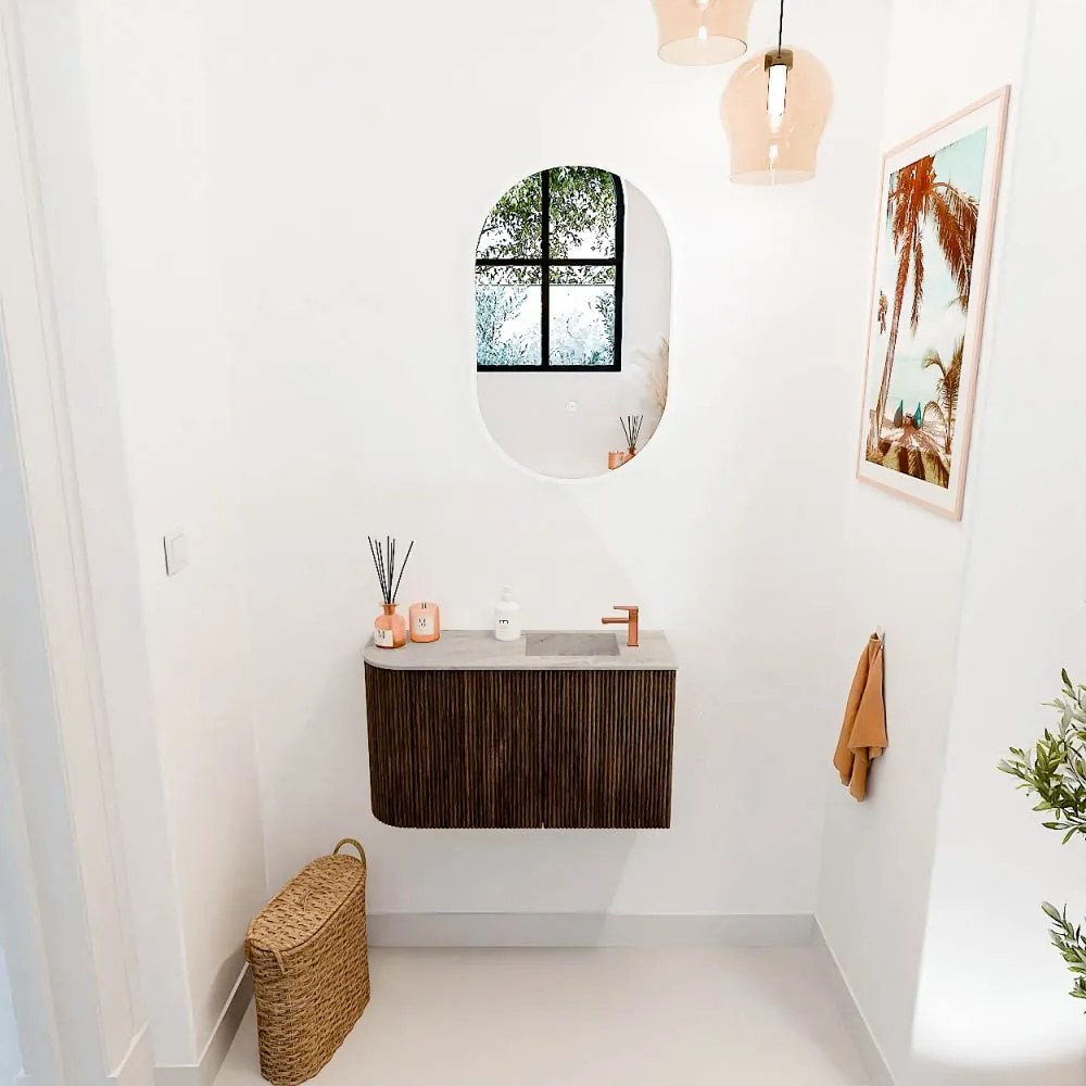 Mondiaz Joya DLux 70cm toiletmeubel ronding links walnut met wastafel faye rechts 1 kraangat glace