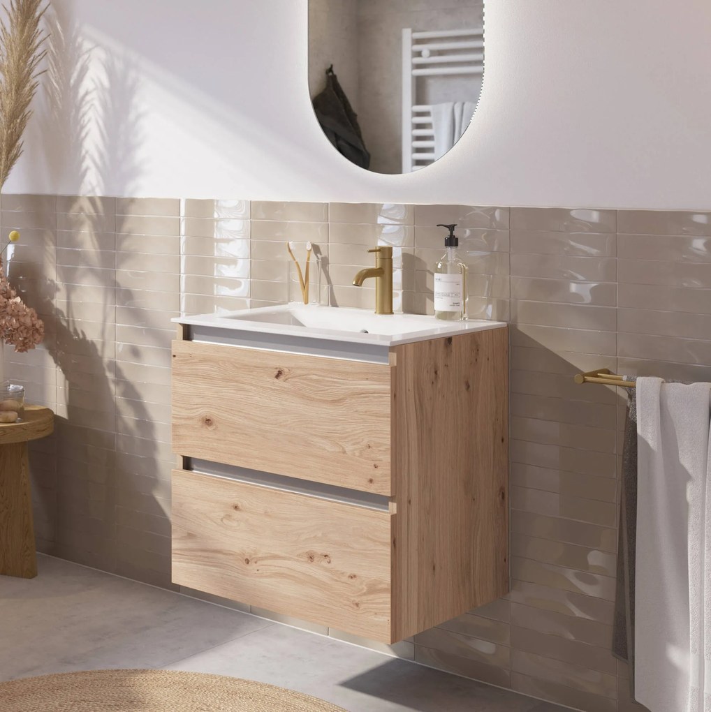 Saqu Gaia badmeubel incl. keramische wastafel 60x46x61cm naturel eiken – aluminium greeplijst