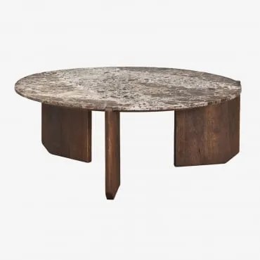 Ronde Salontafel Van Natuursteen En Mangohout Lavinia Donker Handvat Hout & Ø85 Cm & Bruin Marmer Emperador - Sklum
