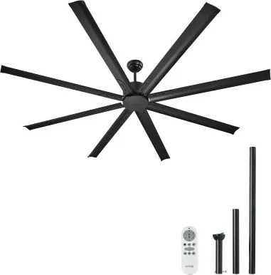 VEVOR 213 cm plafondventilator zonder licht, 6-snelheden afstandsbediening, 8 aluminium bladen, omkeerbare DC-motor, ventilator voor slaapkamer, woonkamer, terras, binnen/buiten, zwart