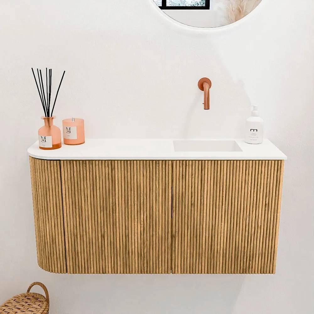 Mondiaz Joya 80cm toiletmeubel ronding links oak met wastafel faye rechts zonder kraangat talc