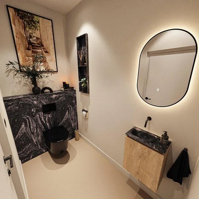 MONDIAZ TURE-DLUX 40cm toiletmeubel Washed Oak. EDEN wastafel Lava positie links. Zonder kraangat. TUREDX40WASL0LAV