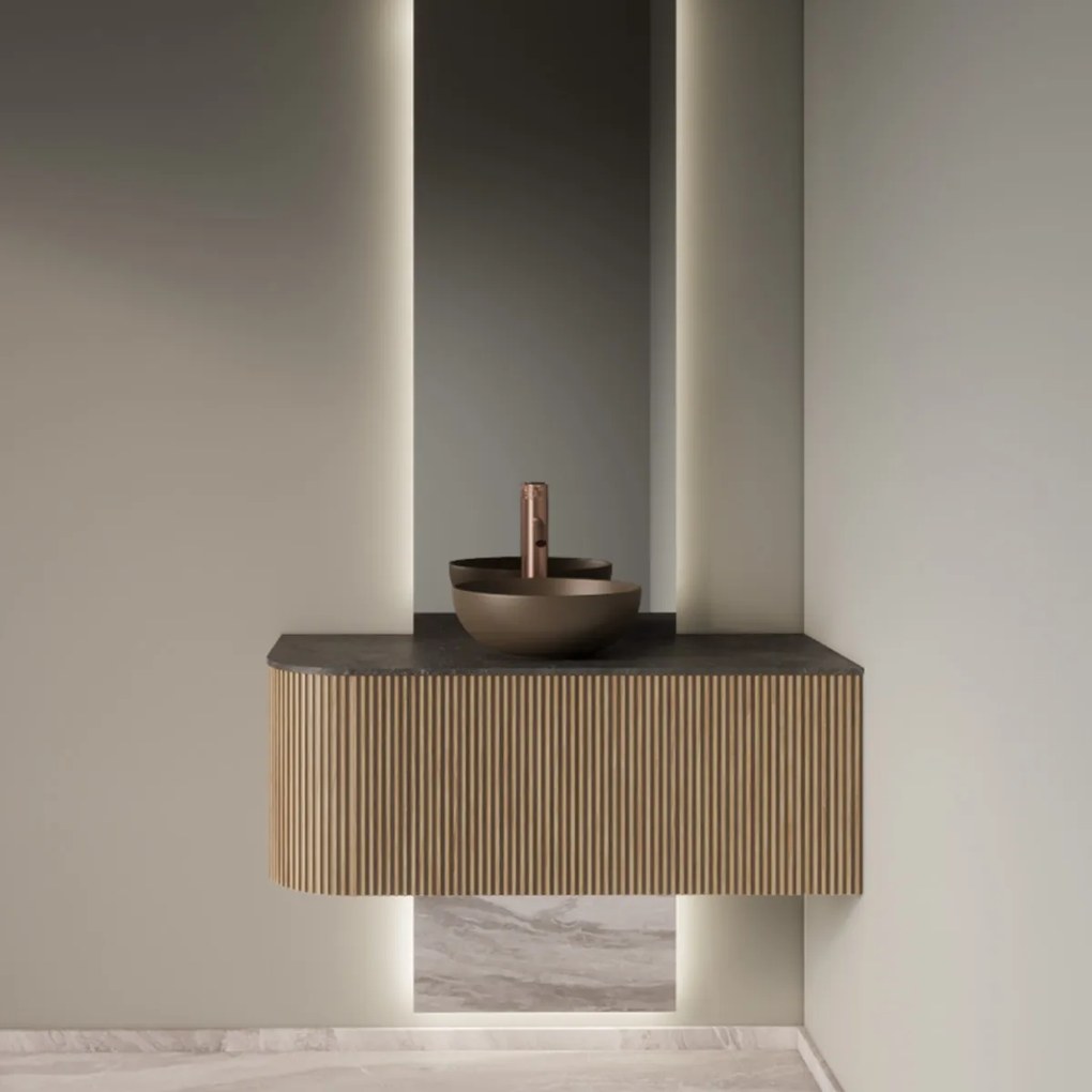 Gliss Design Alluro badmeubel ribbelfront met ronding links 100cm mist en zwart leisteen toppaneel