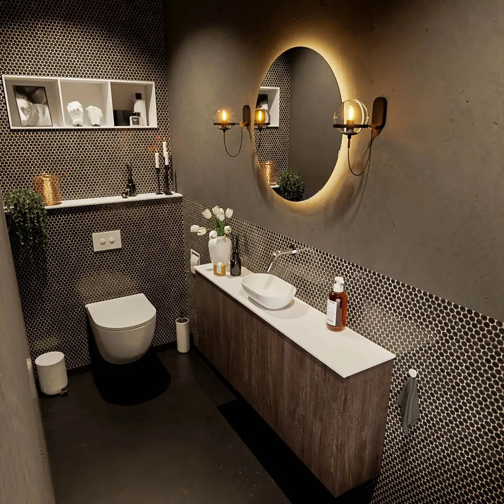 Mondiaz Fowy toiletmeubel 120cm dark brown met witte waskom midden zonder kraangat