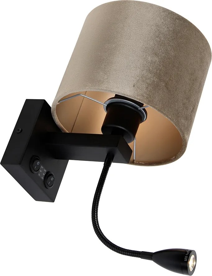 Wandlamp zwart met velours kap taupe 18cm - Brescia Combi