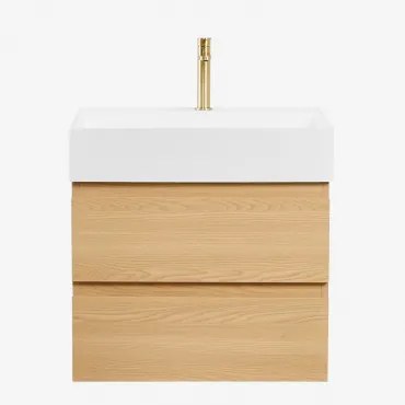 Ona Zwevend Badkamermeubelset Van Hout En Essenfineer Met Geïntegreerde Wastafel Natuurlijk Hout & Spiegelloze & Goud ↑20 Cm - Sklum