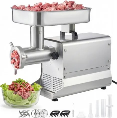 VEVOR vleesmolen, capaciteit 9,5 kg/min, #32 elektrische vleesmolen met 3 geperforeerde schijven, 3 worstvulbuizen, 1100 W, 2-in-1 roestvrijstalen keukenmachine voor thuiskeukens en restaurants
