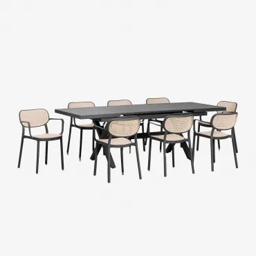 Uitschuifbare Rechthoekige Tafel 180-240x90 Cm Van Aluminium Karena En 8 Stapelbare Tuinstoelen Met Armleuningen Omara Grijs – Grafiet - Sklum