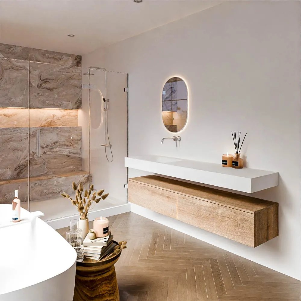 Zaro Alan badmeubel 180cm washed oak 2 lades met vrijhangende wastafel cloud links zonder kraangat talc