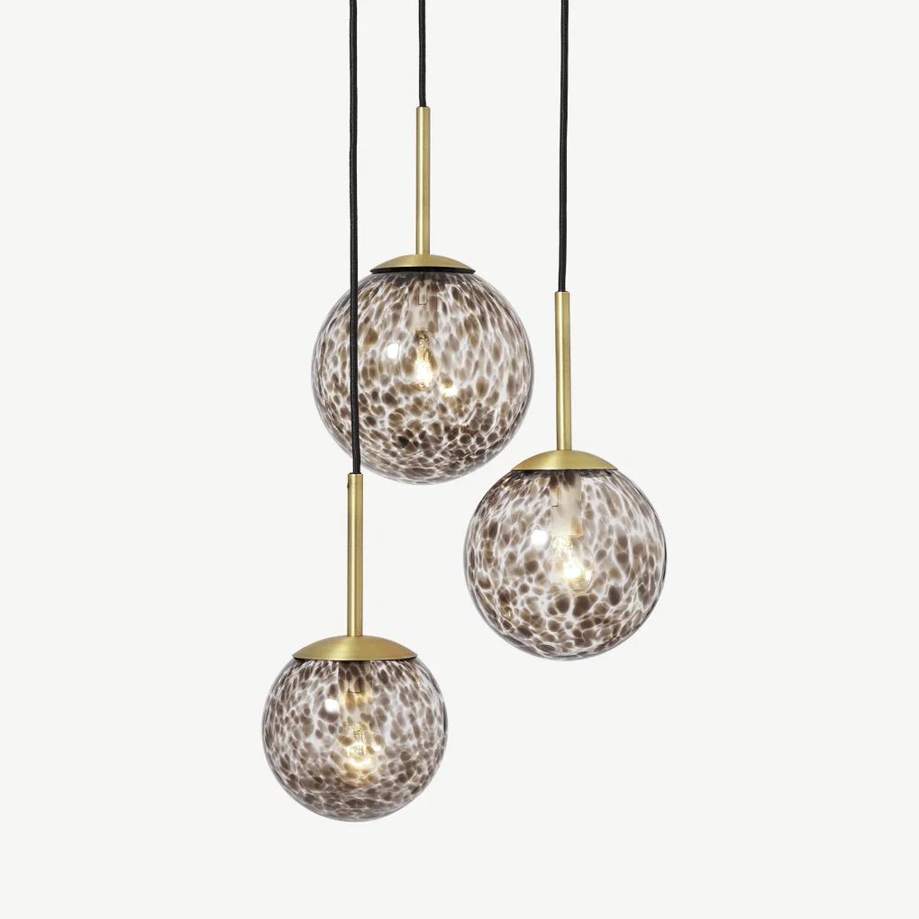 Julia cluster hanglamp met 3 lampen, bruin gevlamd glas en messing