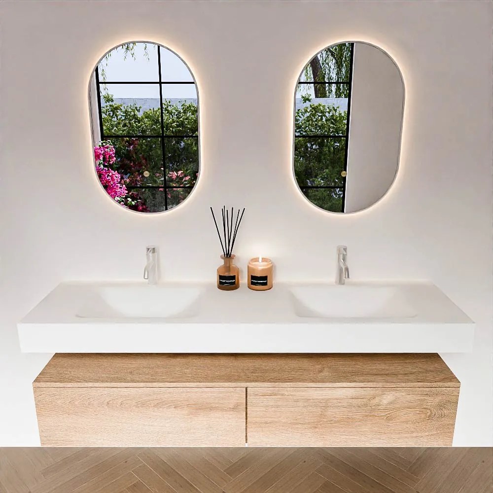 Zaro Alan badmeubel 170cm washed oak 2 lades met vrijhangende wastafel cloud dubbel 2 kraangaten talc