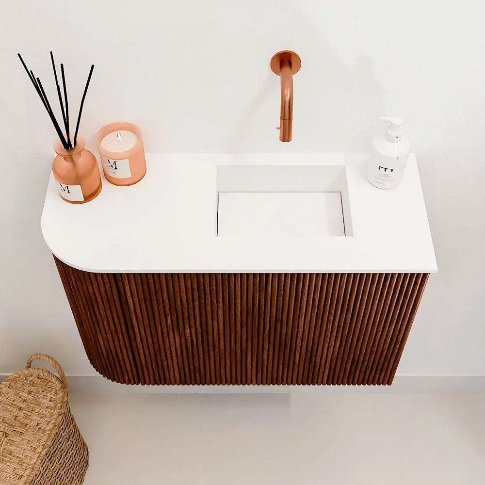 Mondiaz Joya 60cm toiletmeubel ronding links ruby met wastafel faye rechts zonder kraangat talc