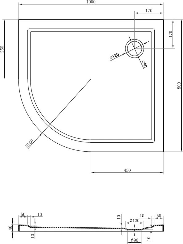 Mexen Flow asymmetrische halve cirkel douchebak slim rechts 100 x 80 cm, wit glans - 46Q108010R