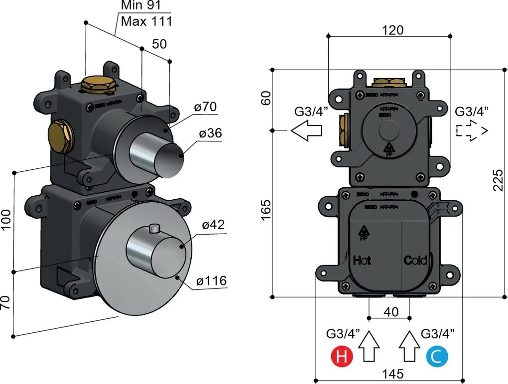 Hotbath Archie afbouwdeel met 1 stopkraan geborsteld koper PVD