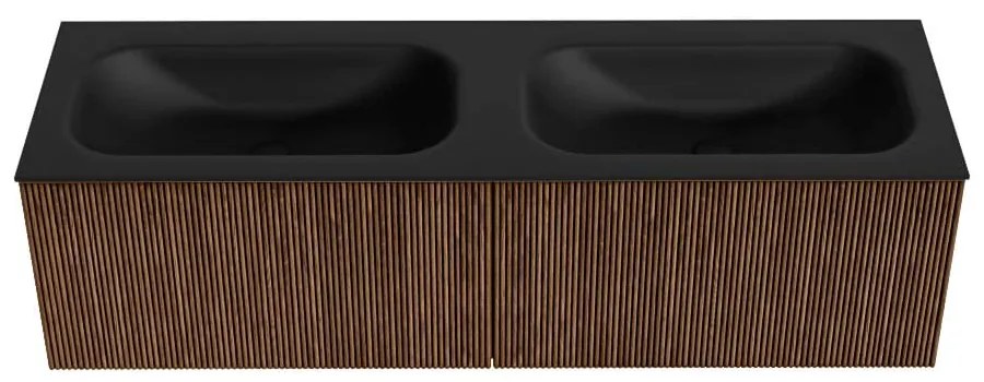 Mondiaz Kurve 150cm badmeubel walnut met 2 lades en wastafel big small dubbel 2 kraangaten urban