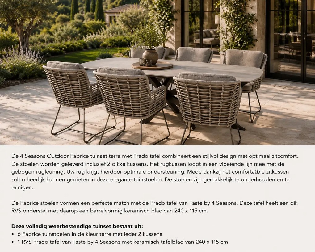 4 Seasons Outdoor Fabrice tuinset terre met Prado tafel met keramisch blad in barrelvorm 240 x 105 cm SALE Tuinset bruin weerbestendig