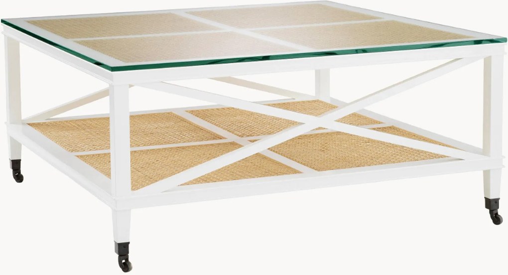Mobiele salontafel Bahamas van mahoniehout met rotan onderblad en glazen tafelblad