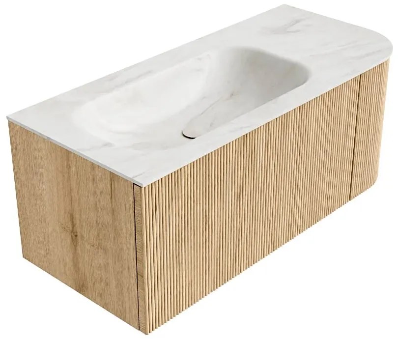 Mondiaz Kurve-dlux 105cm badmeubel ronding rechts oak met 1 lade en deur en wastafel big small kraangat links ostra