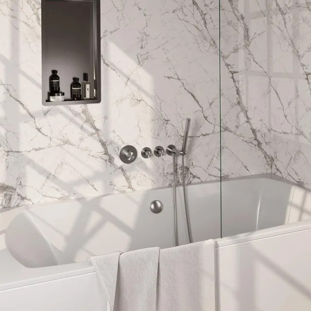 BRAUER Stripe Thermostatische Badkraan - SET 01 - inbouw - badvulcombinatie - staaf handdouche - doucheslang - wandaansluitbocht - RVS-kleurig geborsteld PVD 5-NG-359