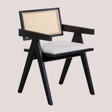 Set Van 4 Gestoffeerde Eetkamerstoelen Met Armleuningen In Essenhout En Rotan Lali Gewoon Zwart - Sklum